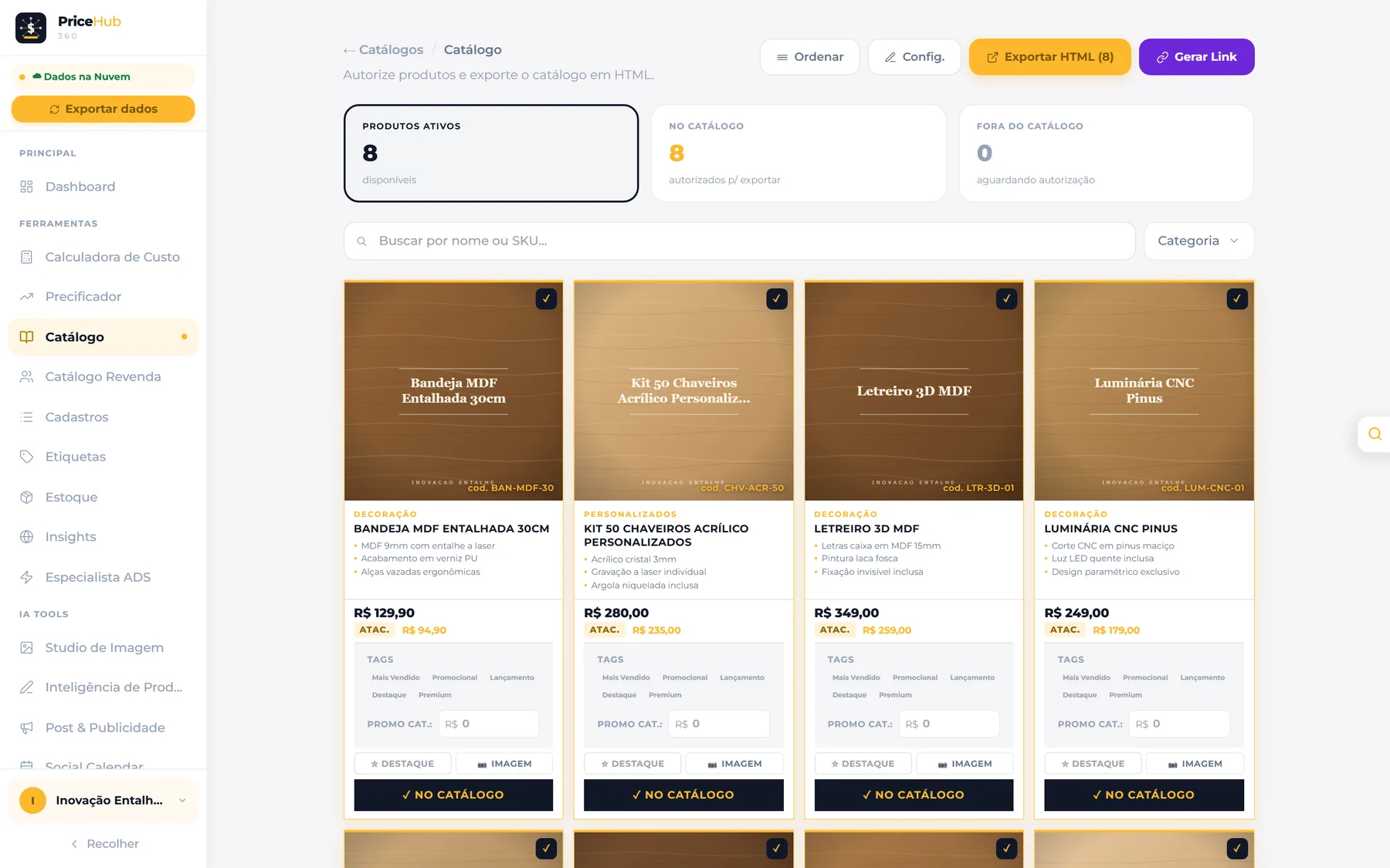 Catálogo online gerado pelo PriceHub 360 com fotos, preços e produtos organizados