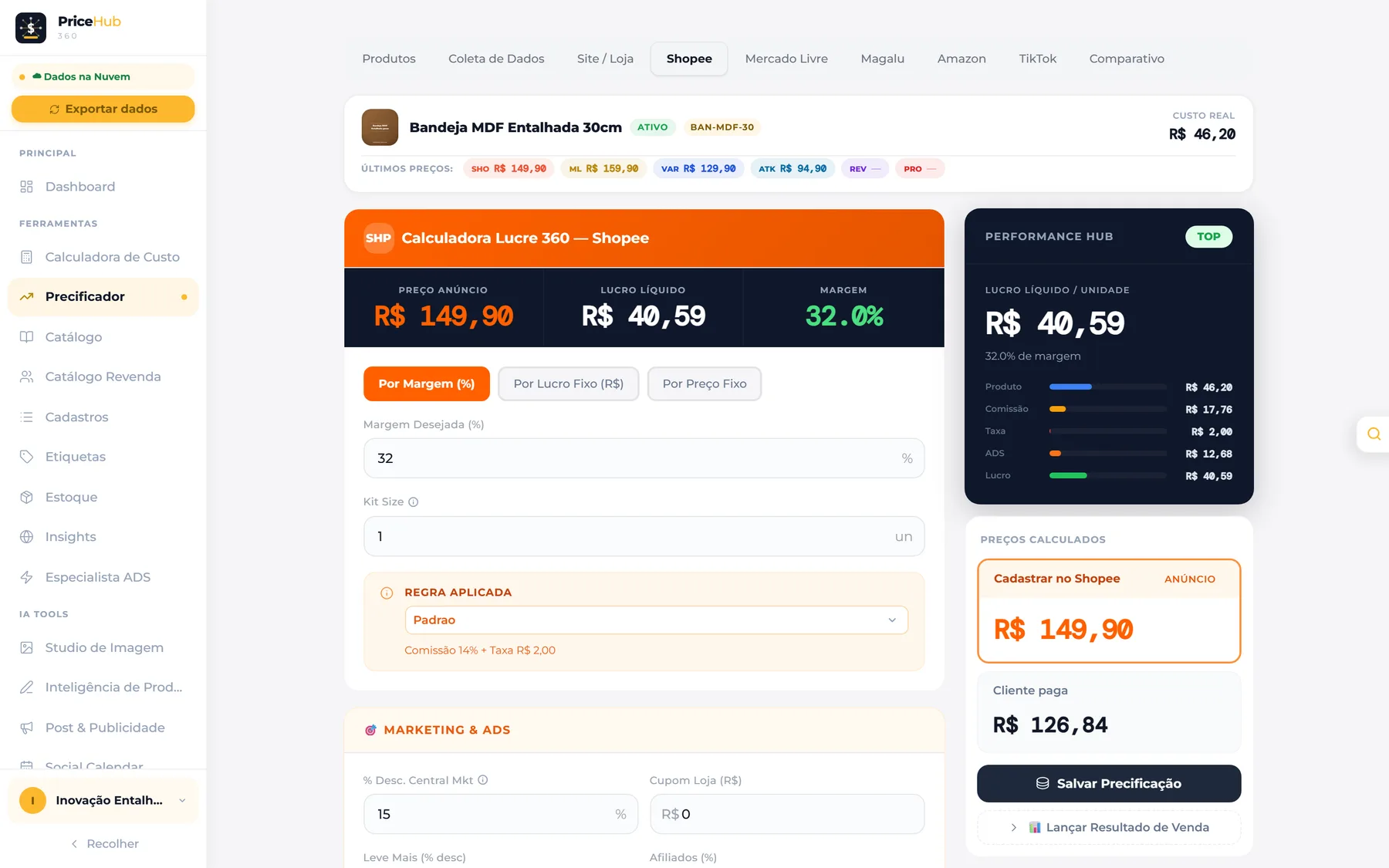 Precificador do PriceHub 360 mostrando preços e margens calculados por canal de venda