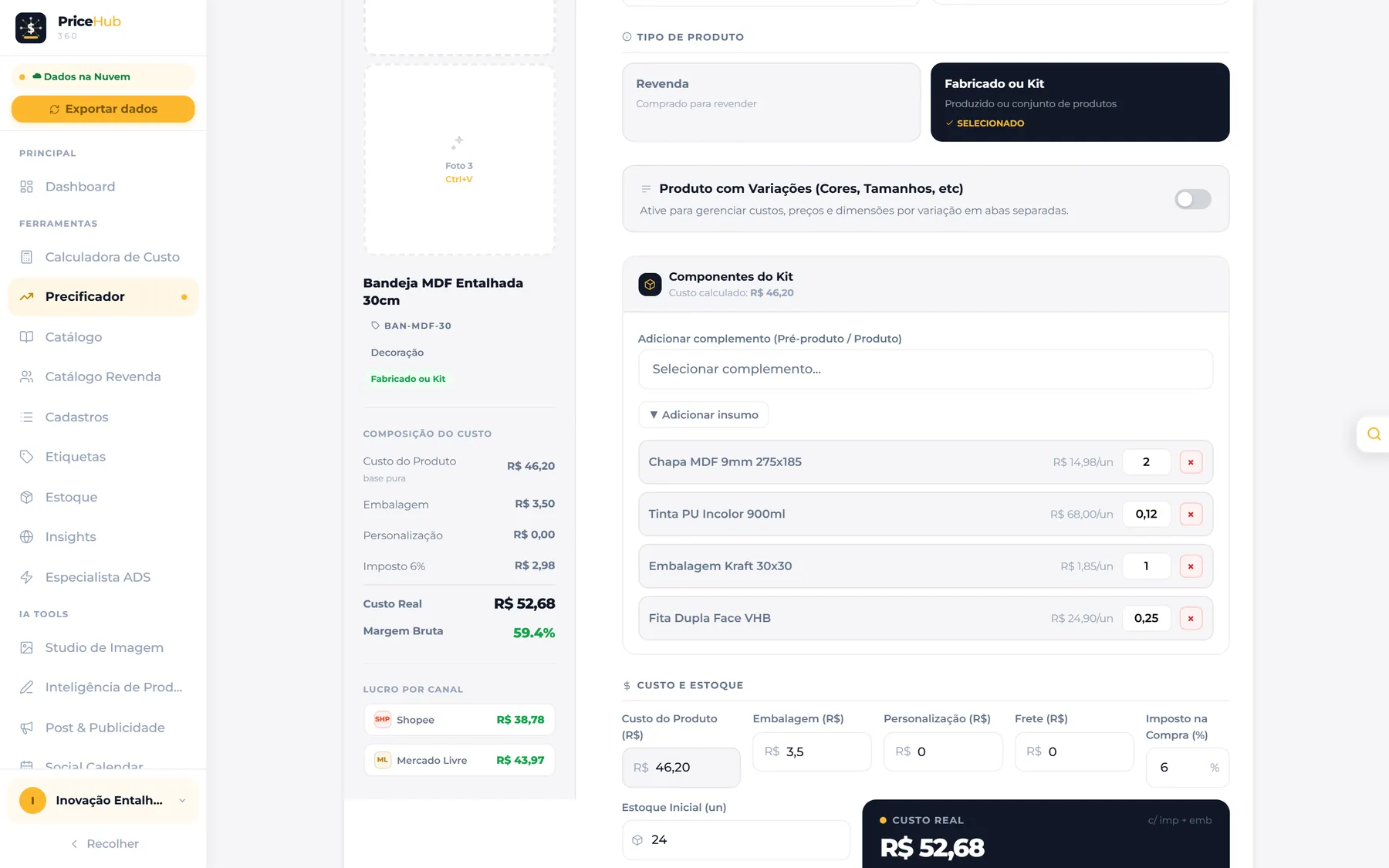 Ficha técnica de produto no PriceHub 360 com componentes do kit e custo real calculado de R$ 52,68